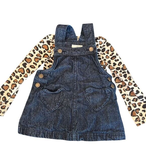 Max Studio Girls M Denim‎ Pinafore & Leopard Shirt Dress Set Casual Sz 18 months - Picture 1 of 7